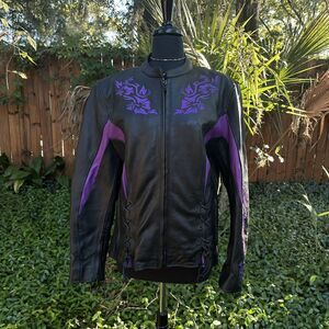 Xelement Ladies large Gemma Black Purple Leather Motorcycle Embroidered Jacket